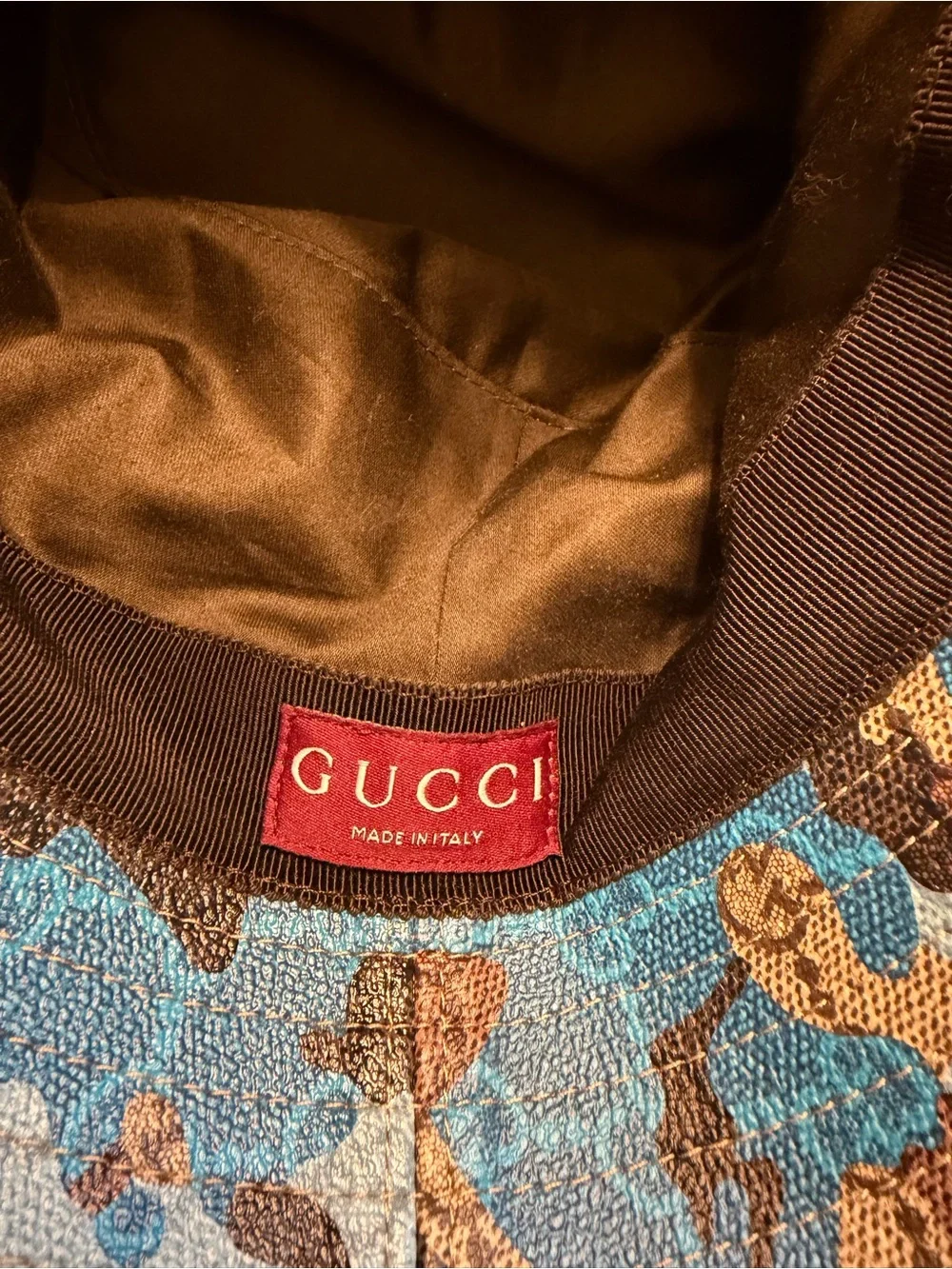 New Authentic Gucci GG Supreme Logo Blue Camo Bucket Hat Tan Blue Size M